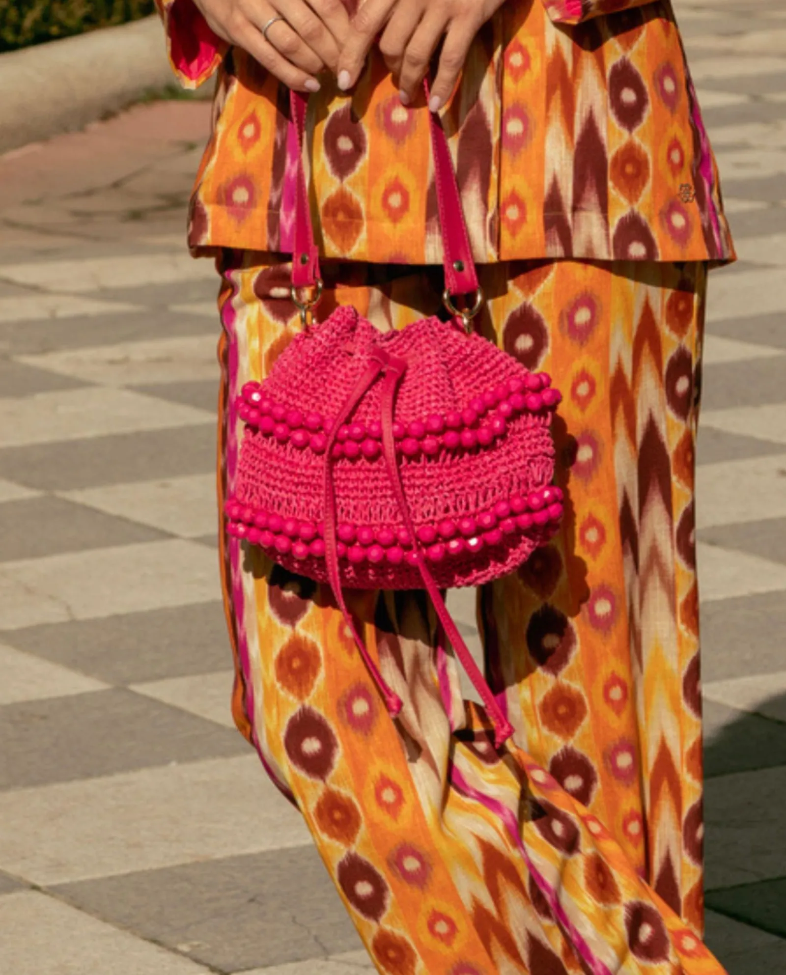 Bolsos Mano*Cuplé Bandolera Bolas Rafia Fucsia