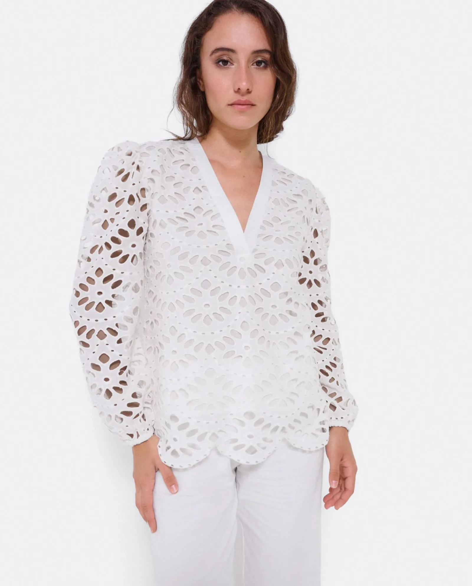 Camisas Y Tops*Cuplé Blusa Escote Pico Guipur Blanco