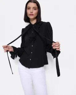 Camisas Y Tops*Cuplé Blusa Lazo Cuello Punto Negro