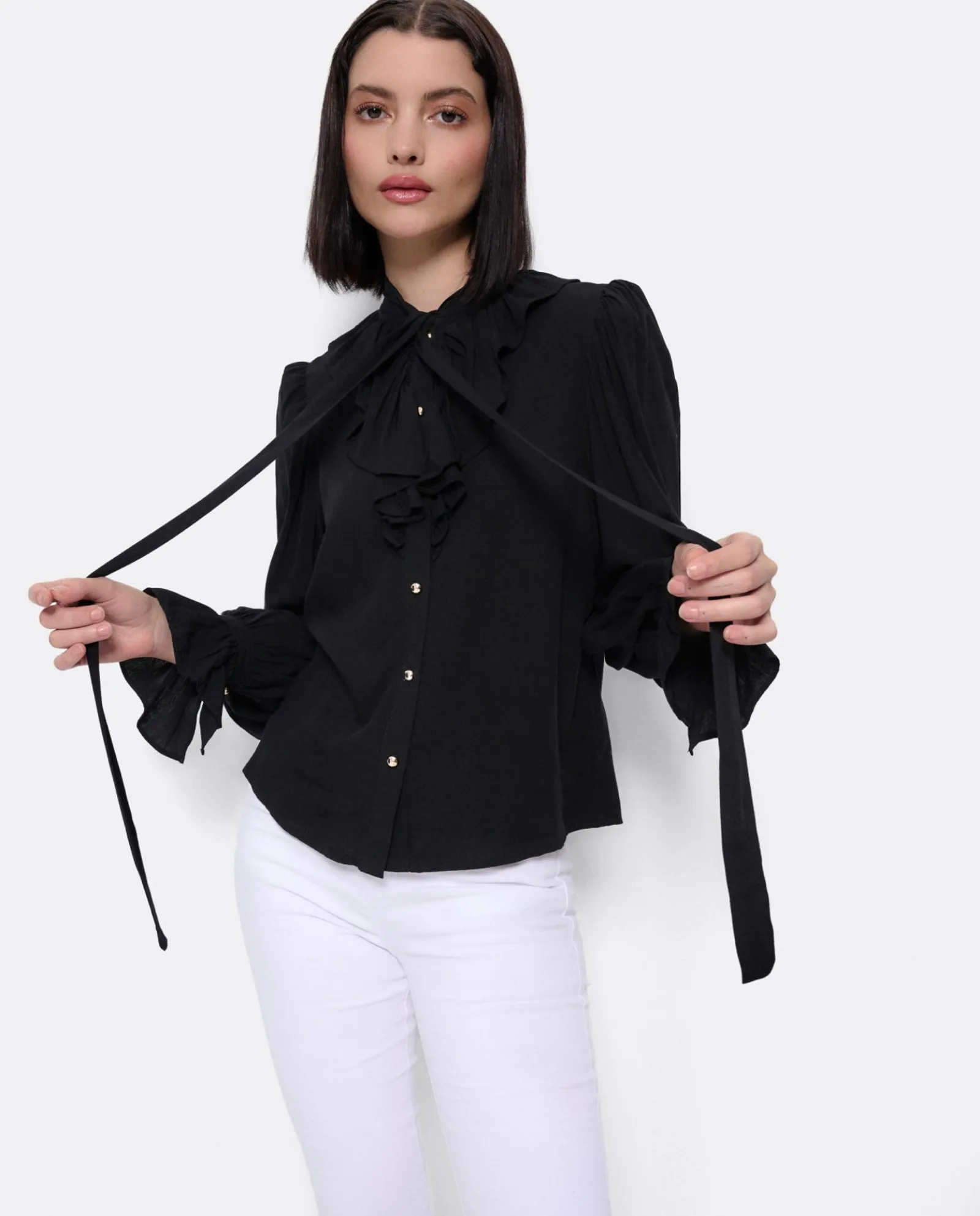 Camisas Y Tops*Cuplé Blusa Lazo Cuello Punto Negro
