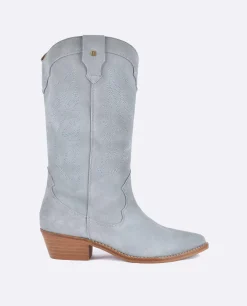 Botas Y Botines*Cuplé Bota Cowboy Tacón Bajo Serraje Celeste