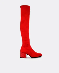 Botas Y Botines*Cuplé Bota Mosquetera Suede Strech Rojo Tacón Coco Rojo