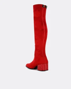 Botas Y Botines*Cuplé Bota Mosquetera Suede Strech Rojo Tacón Coco Rojo