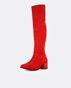 Botas Y Botines*Cuplé Bota Mosquetera Suede Strech Rojo Tacón Coco Rojo