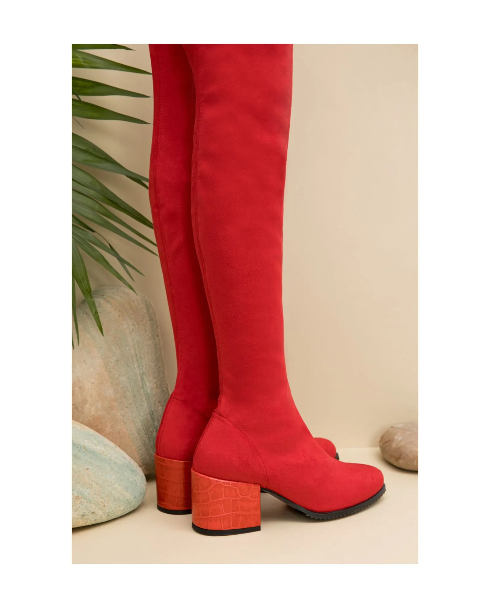 Botas Y Botines*Cuplé Bota Mosquetera Suede Strech Rojo Tacón Coco Rojo