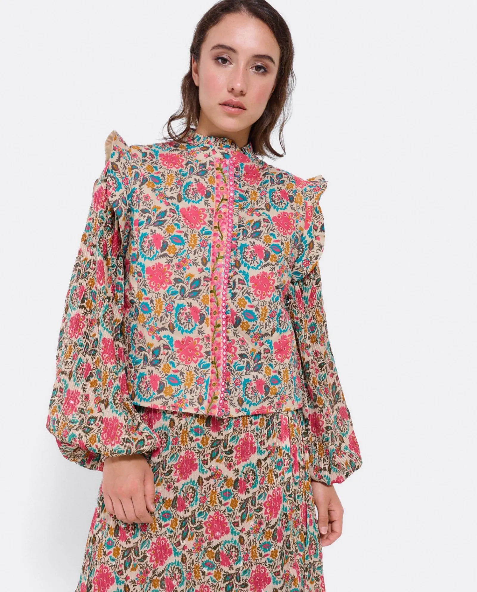 Chaquetas Y Abrigos*Cuplé Chaleco Volantes Algodon Flores Beig