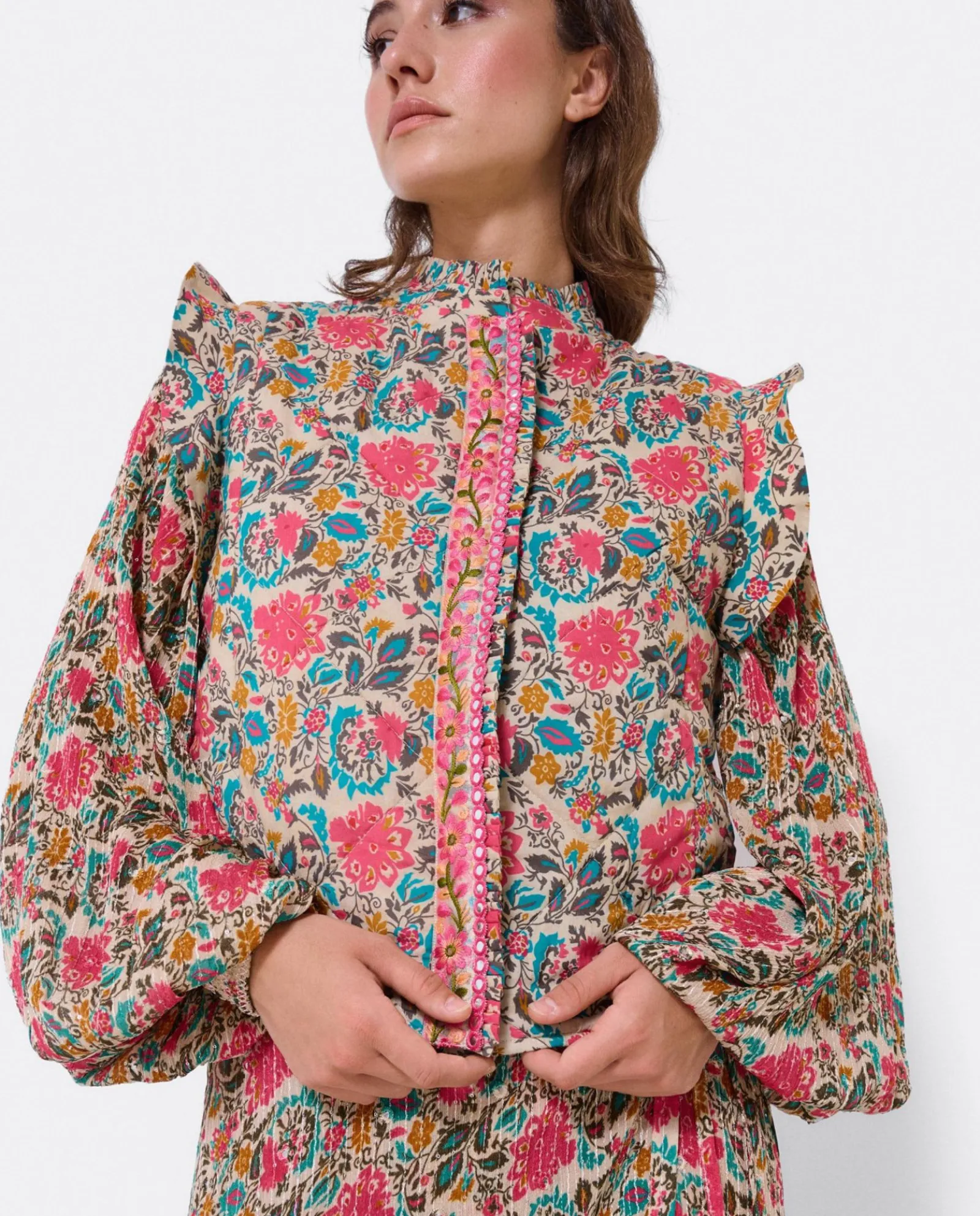 Chaquetas Y Abrigos*Cuplé Chaleco Volantes Algodon Flores Beig