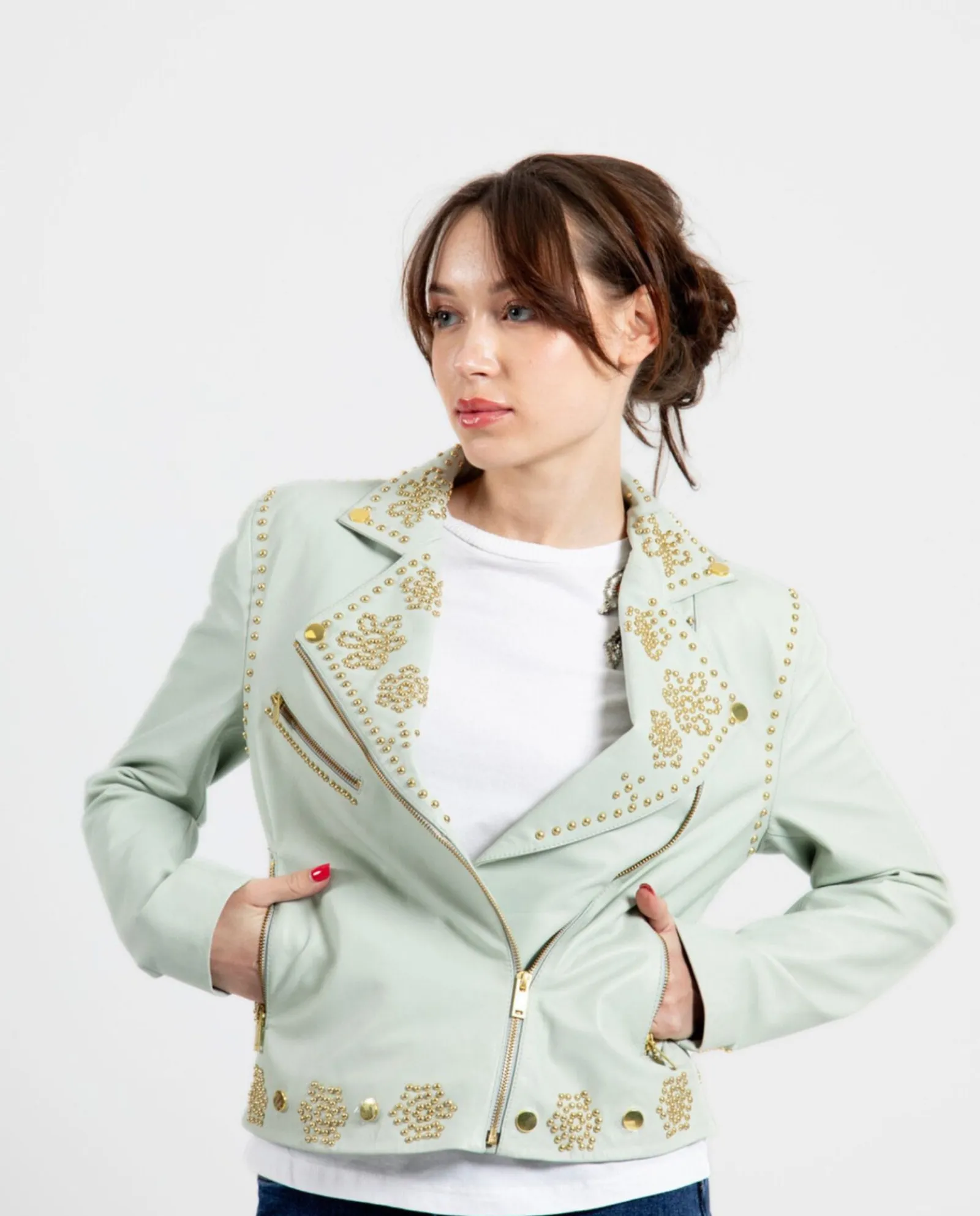 Chaquetas Y Abrigos*Cuplé Chaqueta Biker Tachas Piel Verde