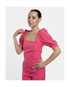 Camisas Y Tops*Cuplé Crop Top Mangas Abullonadas Crep Fucsia