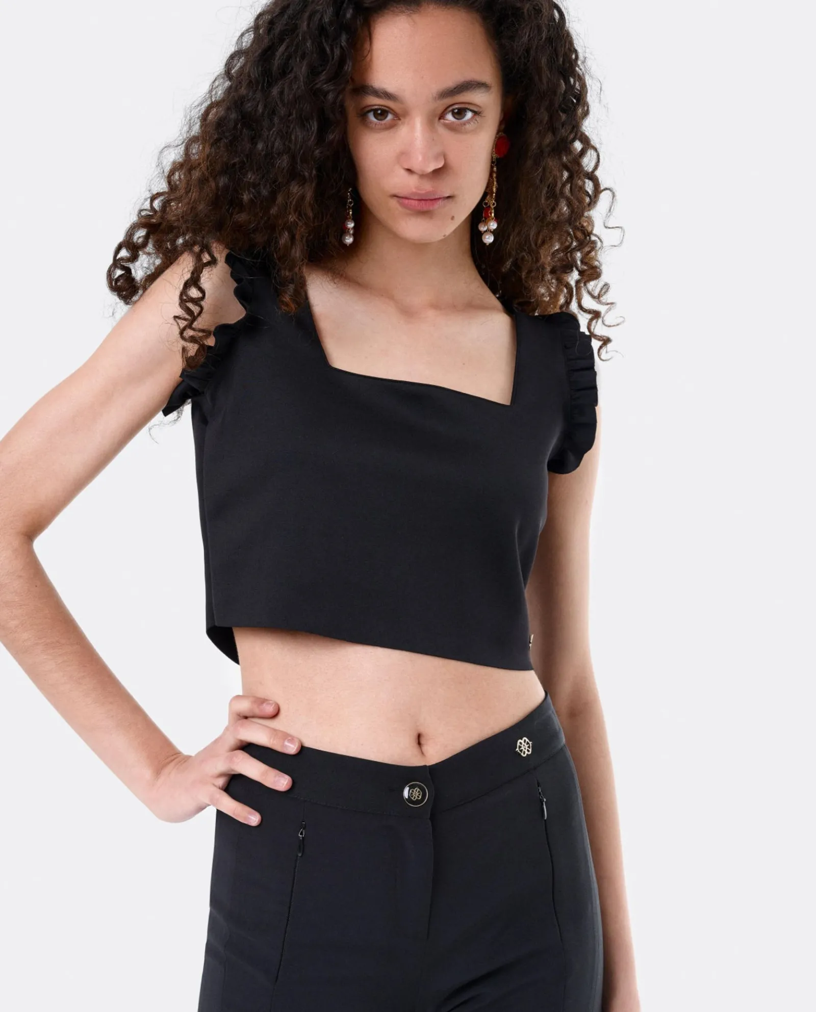 Camisas Y Tops*Cuplé Crop Top Volante Neopreno Negro