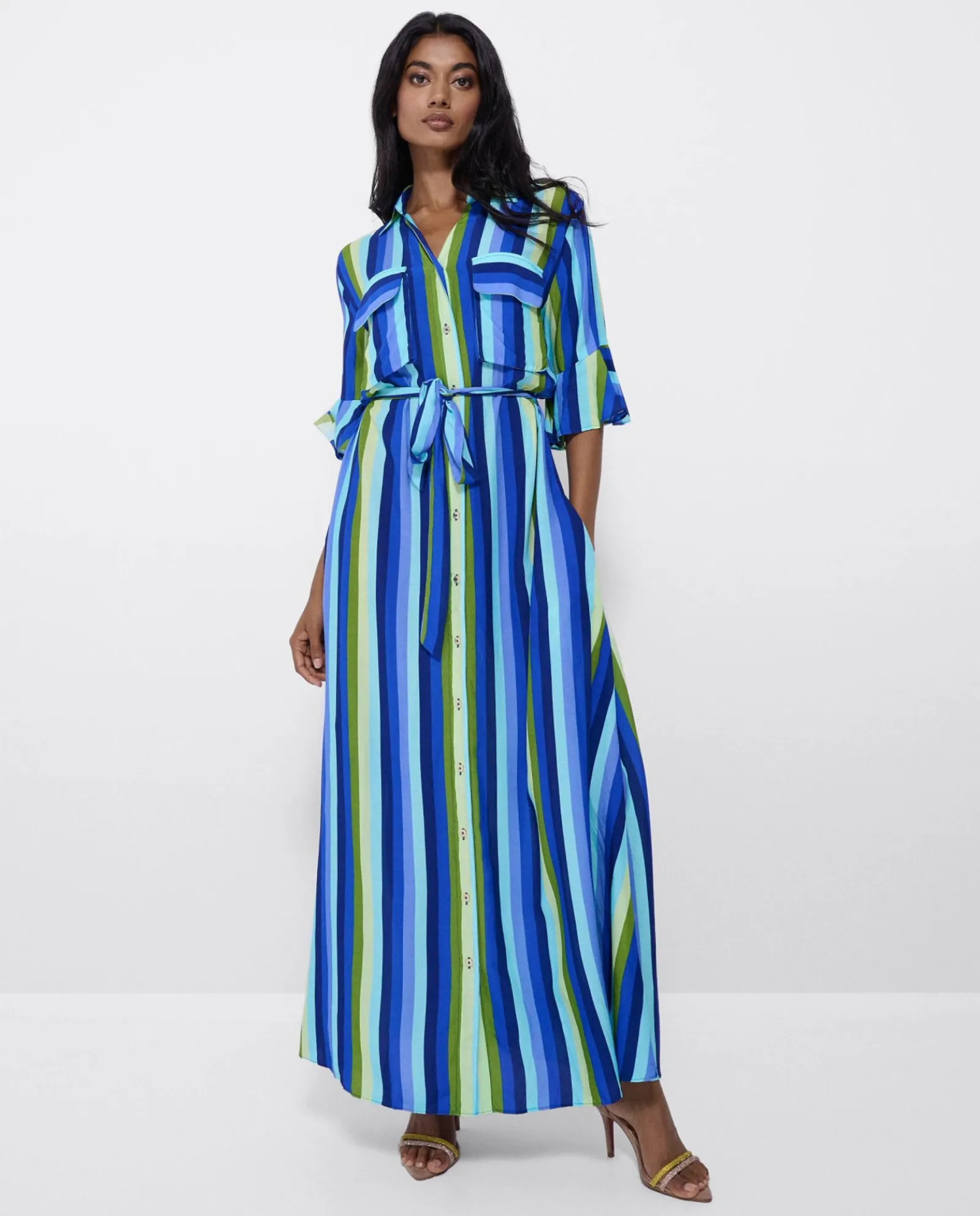 Vestidos*Cuplé Maxivestido Camisero Algodon Rayas Azul