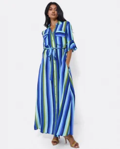 Vestidos*Cuplé Maxivestido Camisero Algodon Rayas Azul