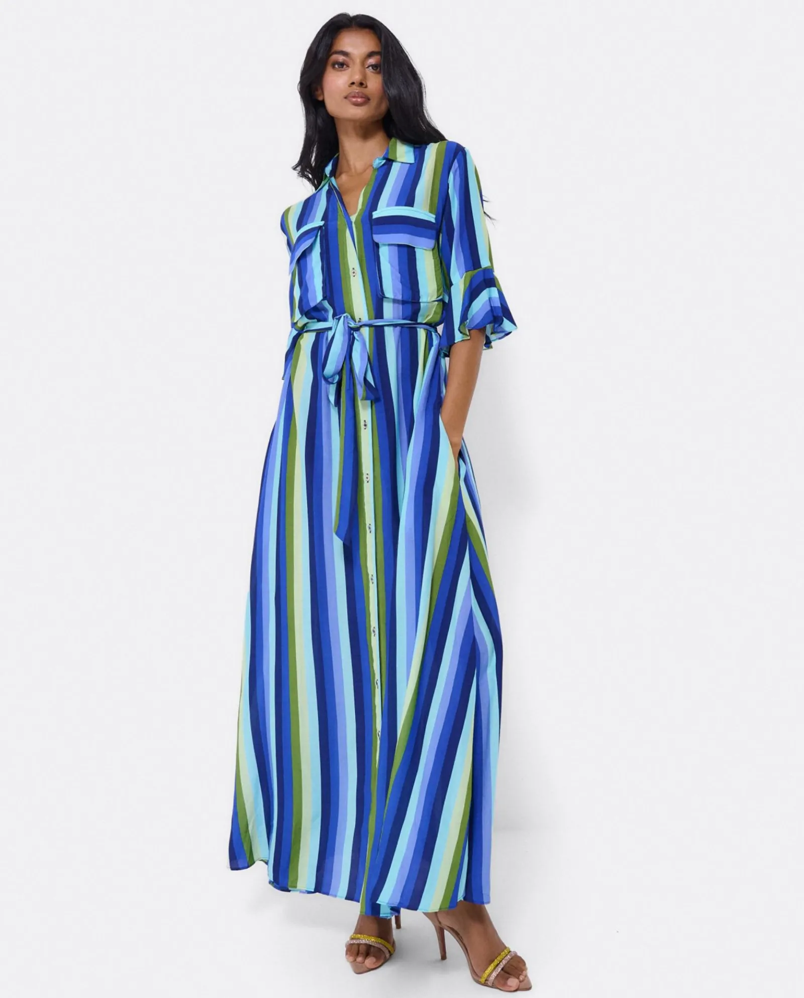 Vestidos*Cuplé Maxivestido Camisero Algodon Rayas Azul