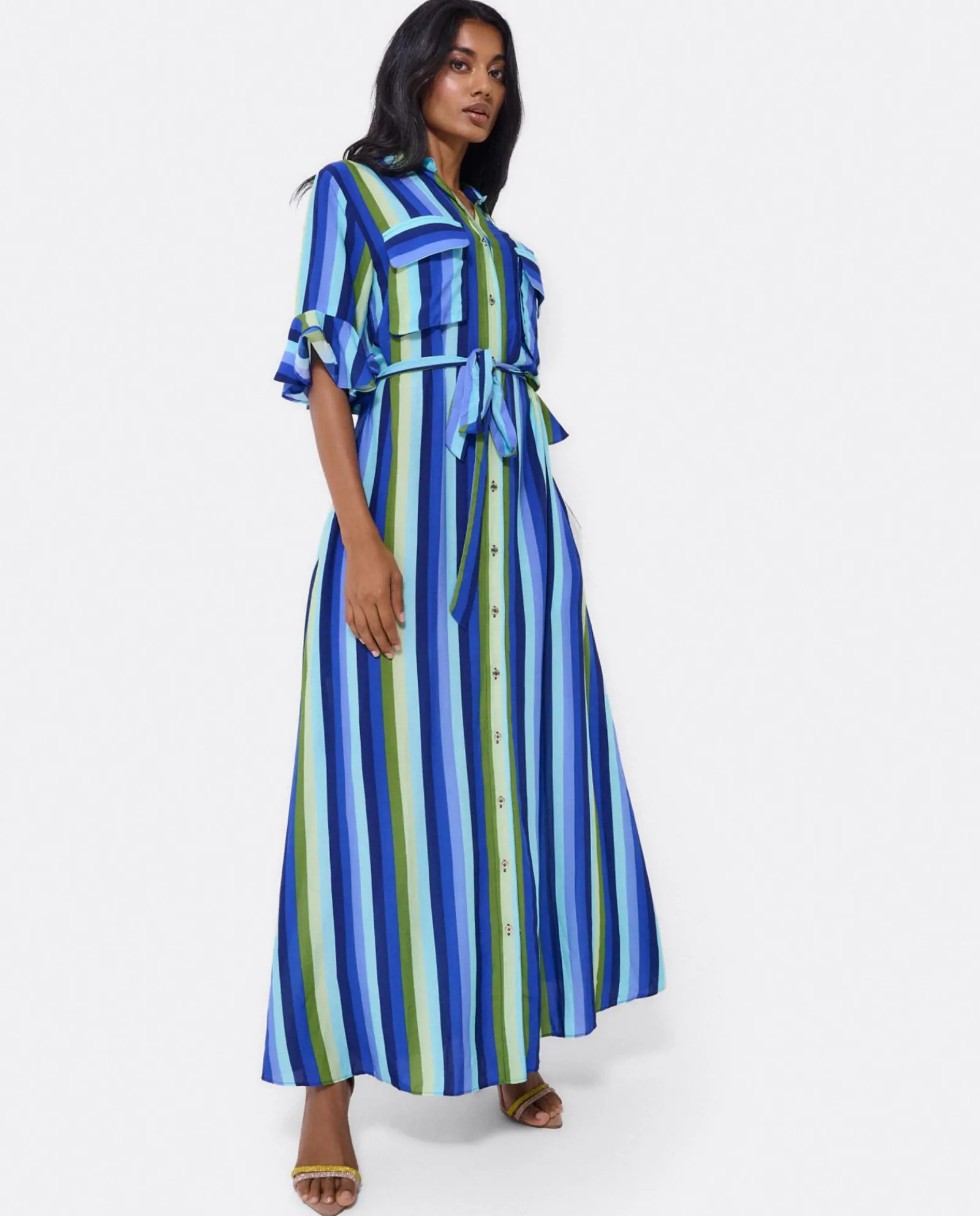 Vestidos*Cuplé Maxivestido Camisero Algodon Rayas Azul