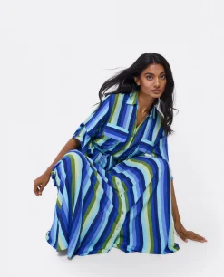 Vestidos*Cuplé Maxivestido Camisero Algodon Rayas Azul