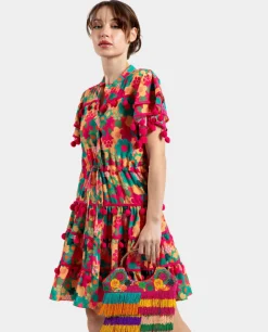 Vestidos*Cuplé Mini Vestido Pompones Saten Estampado Flores