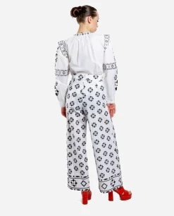 Pantalones*Cuplé Pantalon Bordado Cenefa Algodon Blanco