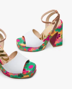 Sandalias*Cuplé Sandalia Flataforma Flores Piel Blanco