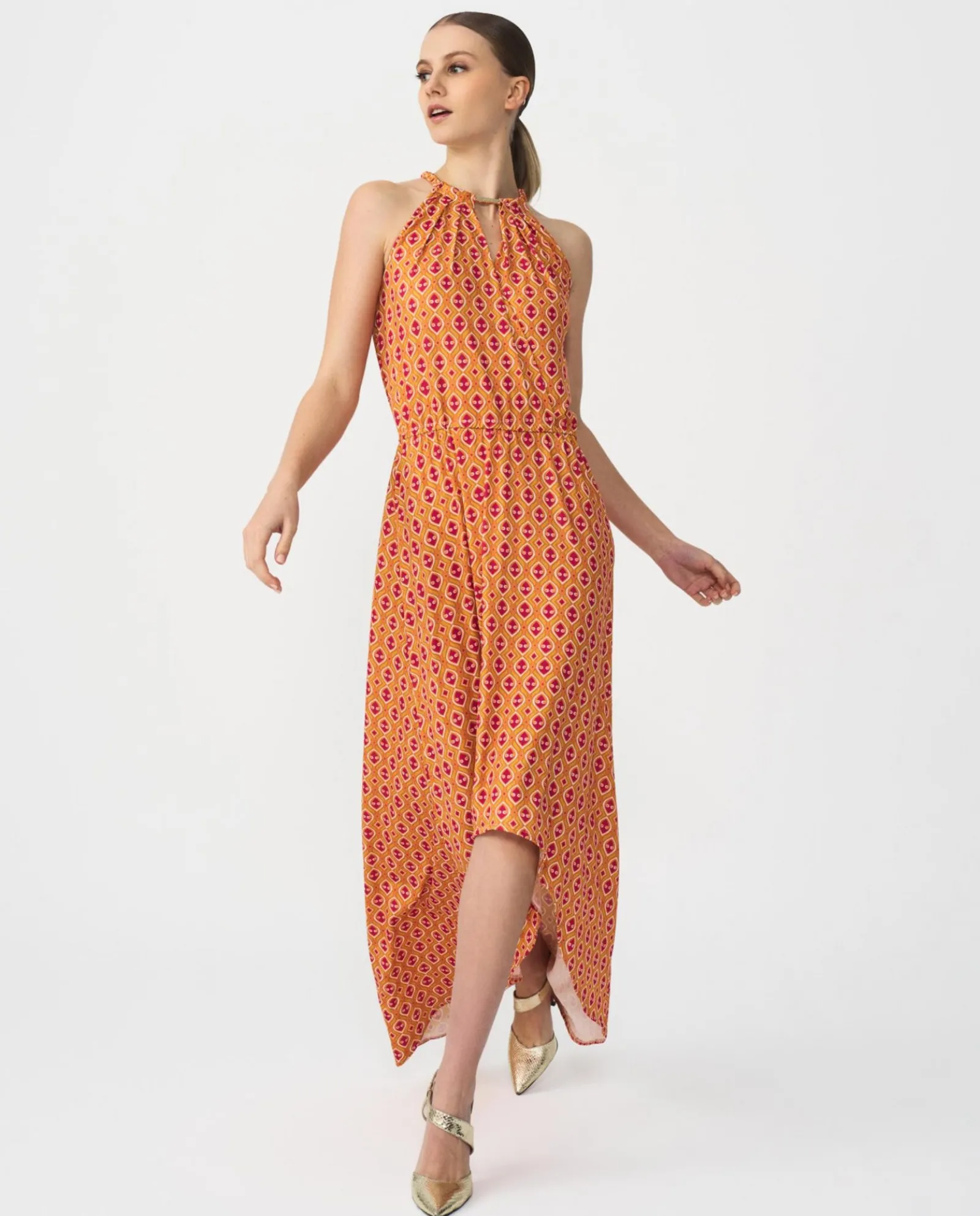 Vestidos*Cuplé Vestido Asimetrico Cola Punto Geometrico Naranja
