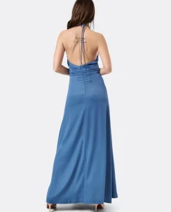 Vestidos*Cuplé Vestido Fiesta Escote Halter Saten Azul Petroleo