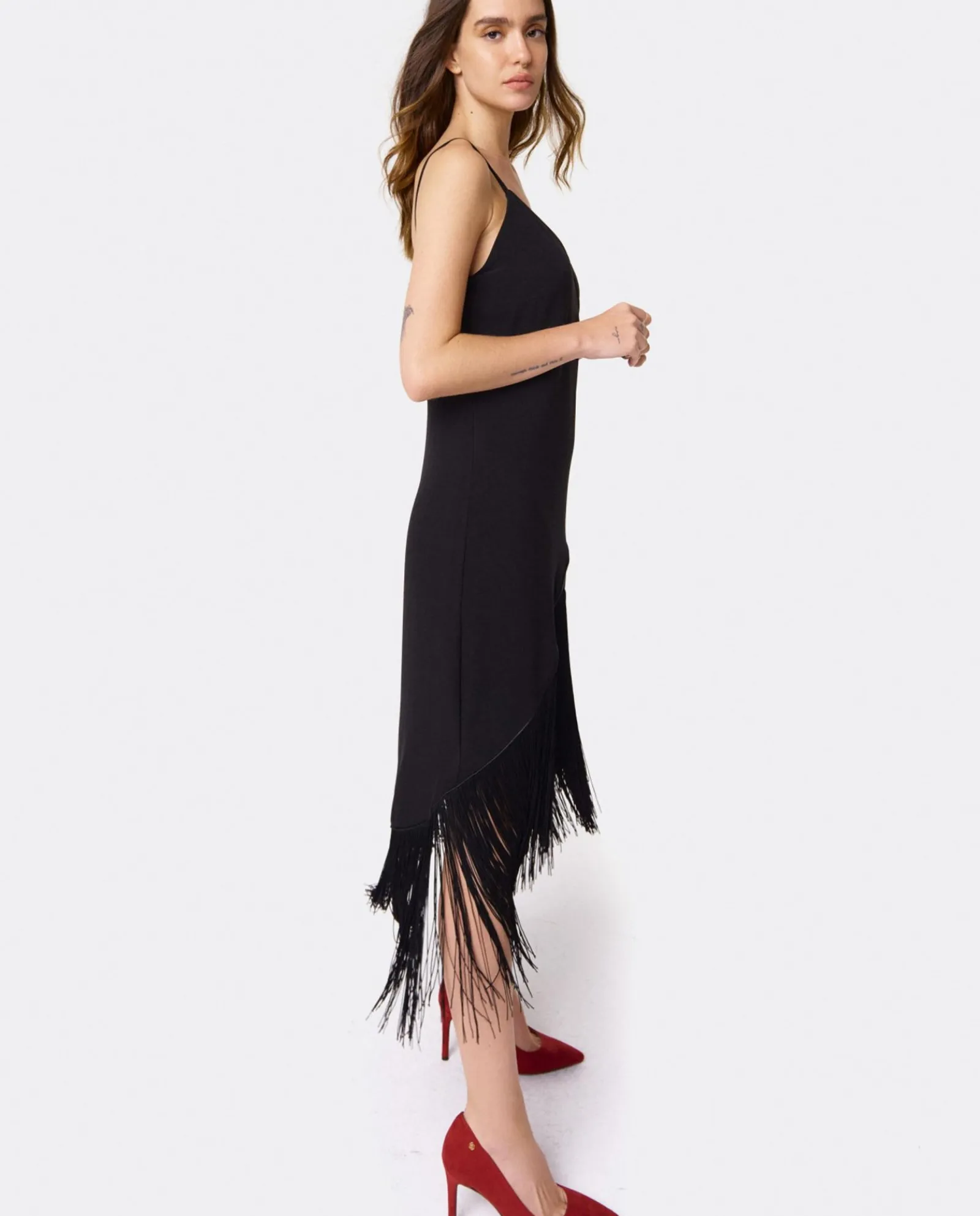 Vestidos*Cuplé Vestido Flecos Manila Crep Negro