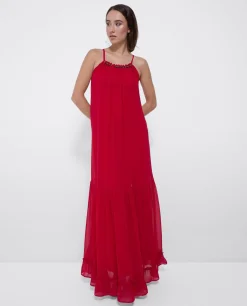 Vestidos*Cuplé Vestido Largo Bolas Gasa Rojo