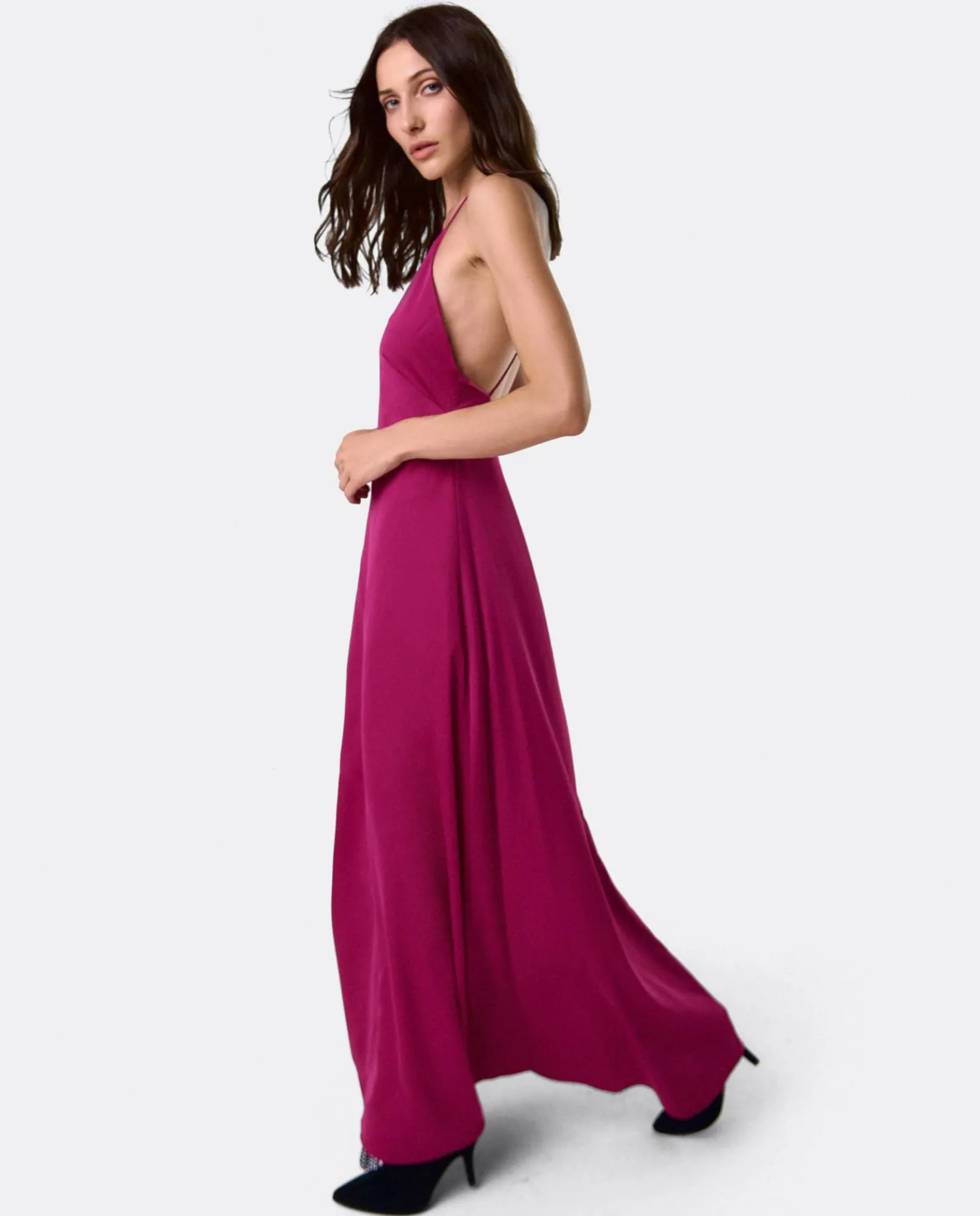 Vestidos*Cuplé Vestido Largo Fiesta Tirantes Saten Fucsia