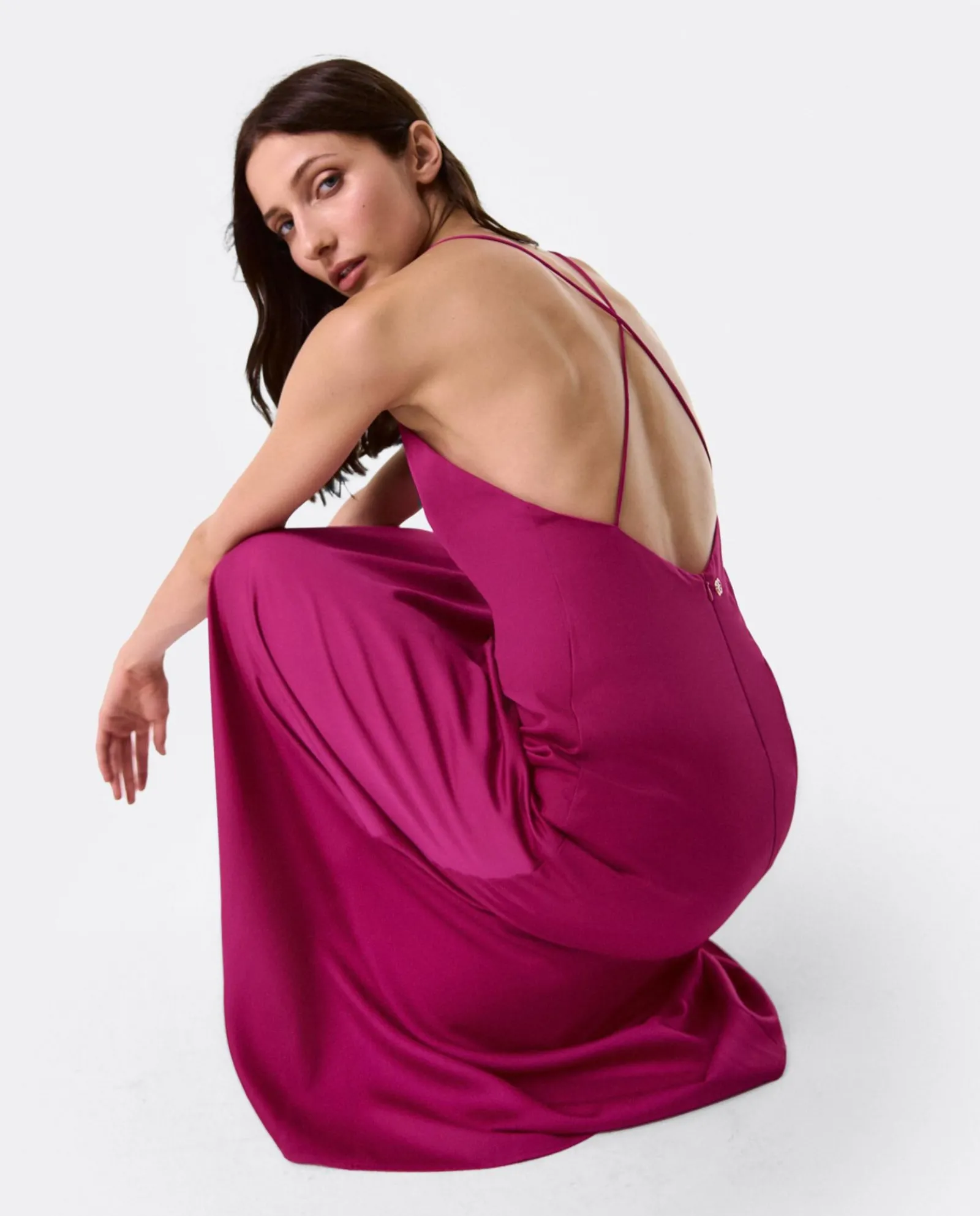Vestidos*Cuplé Vestido Largo Fiesta Tirantes Saten Fucsia