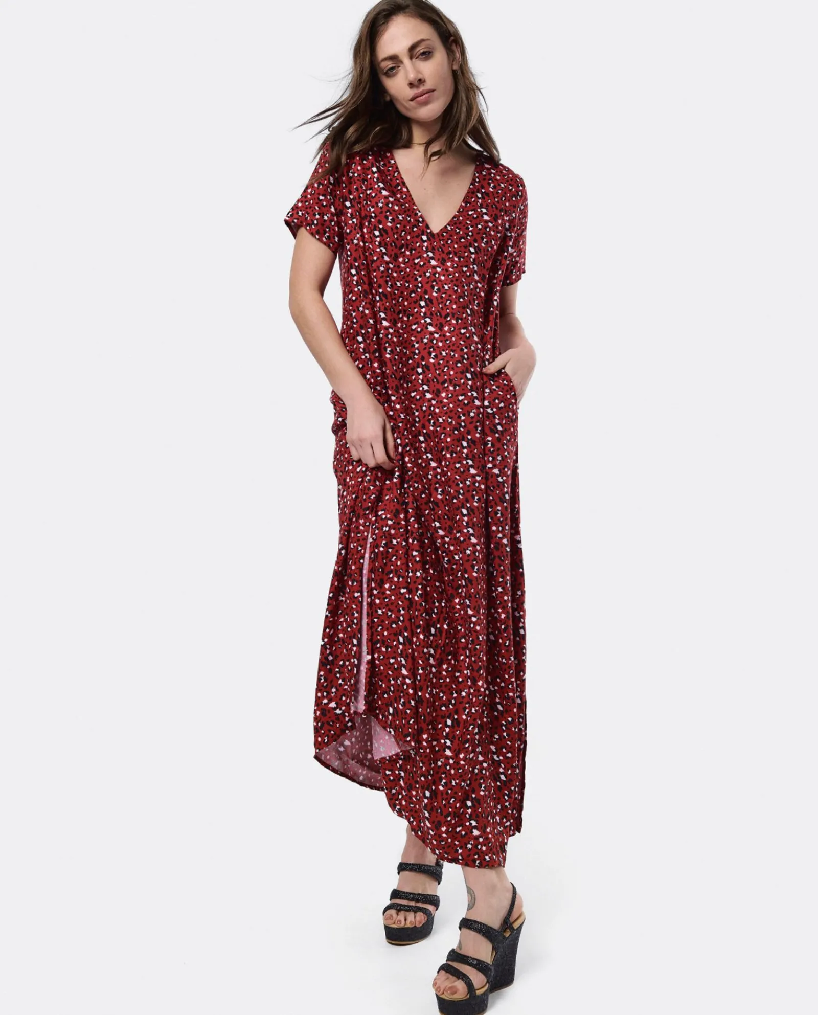 Vestidos*Cuplé Vestido Largo Viscosa Leopardo Rojo