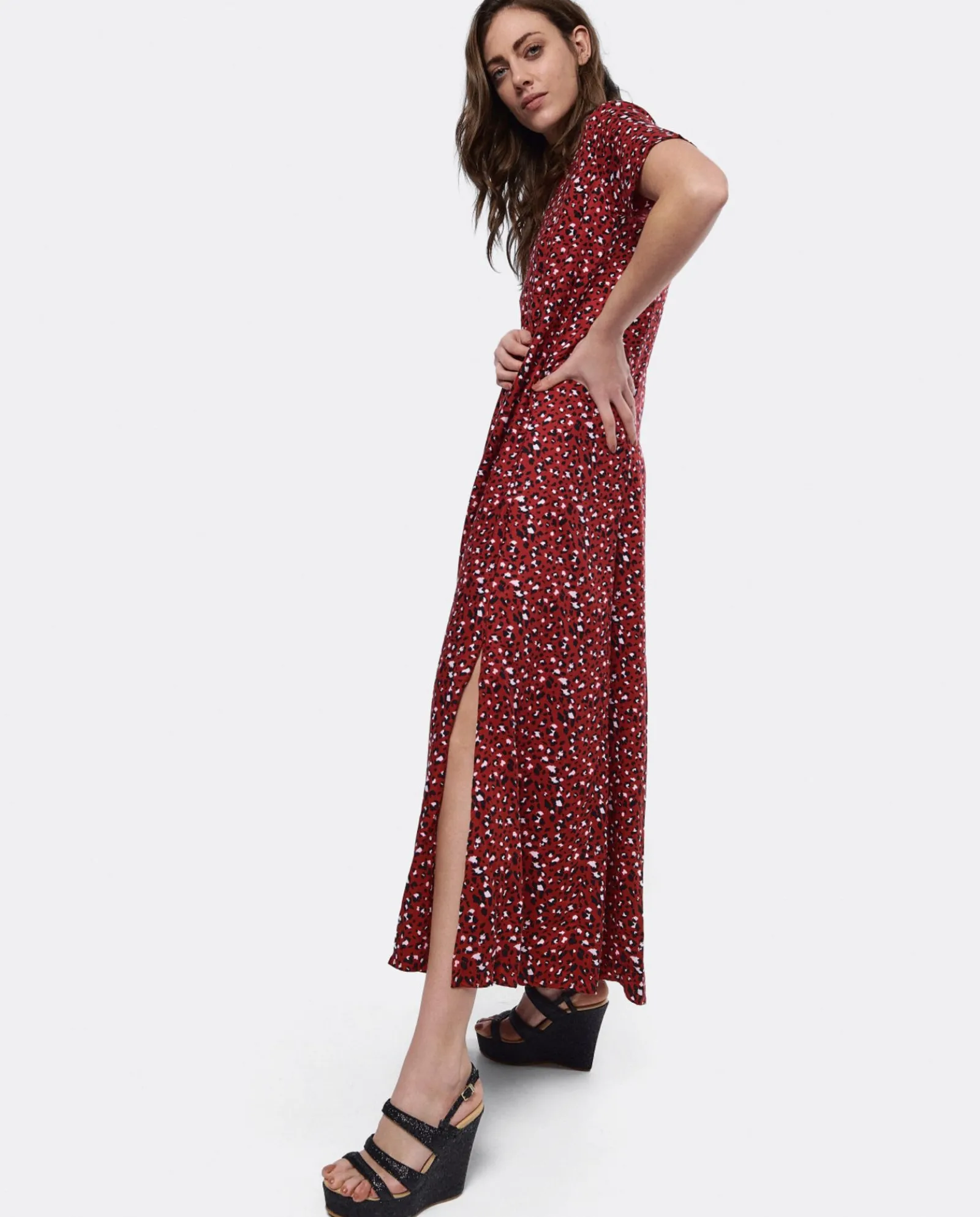 Vestidos*Cuplé Vestido Largo Viscosa Leopardo Rojo
