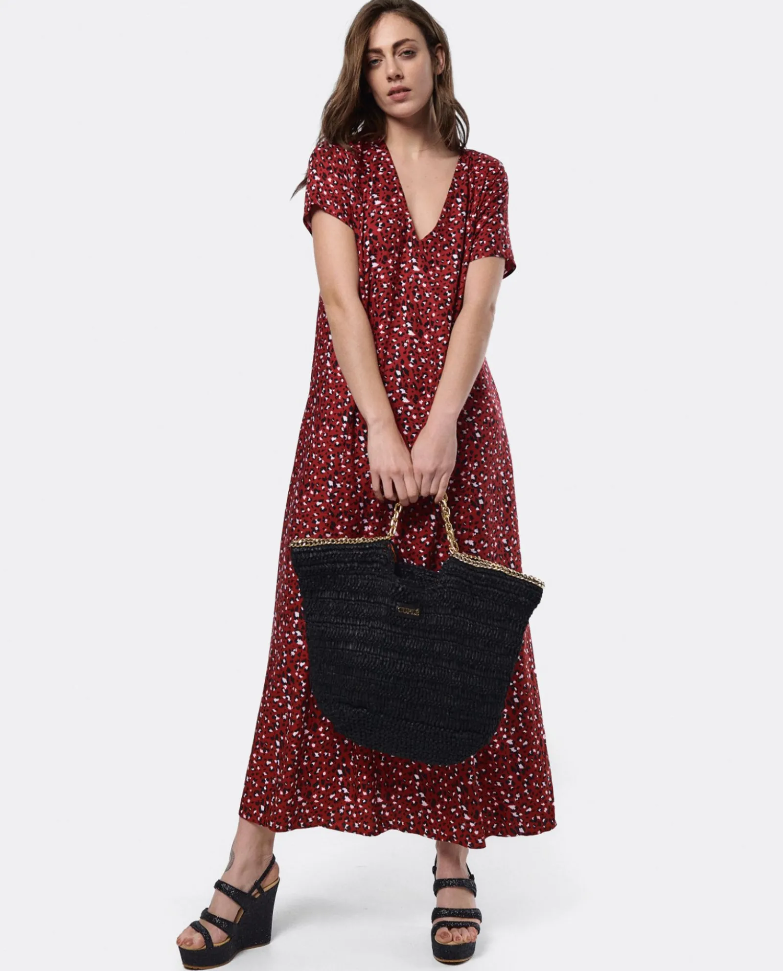 Vestidos*Cuplé Vestido Largo Viscosa Leopardo Rojo