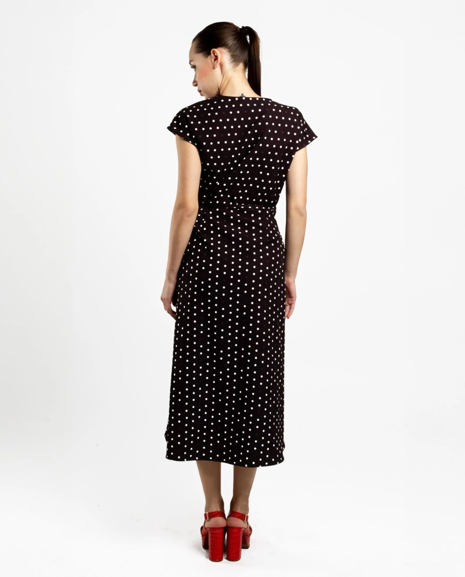 Vestidos*Cuplé Vestido Midi Cruzado Crep Lunares Blanco Negro