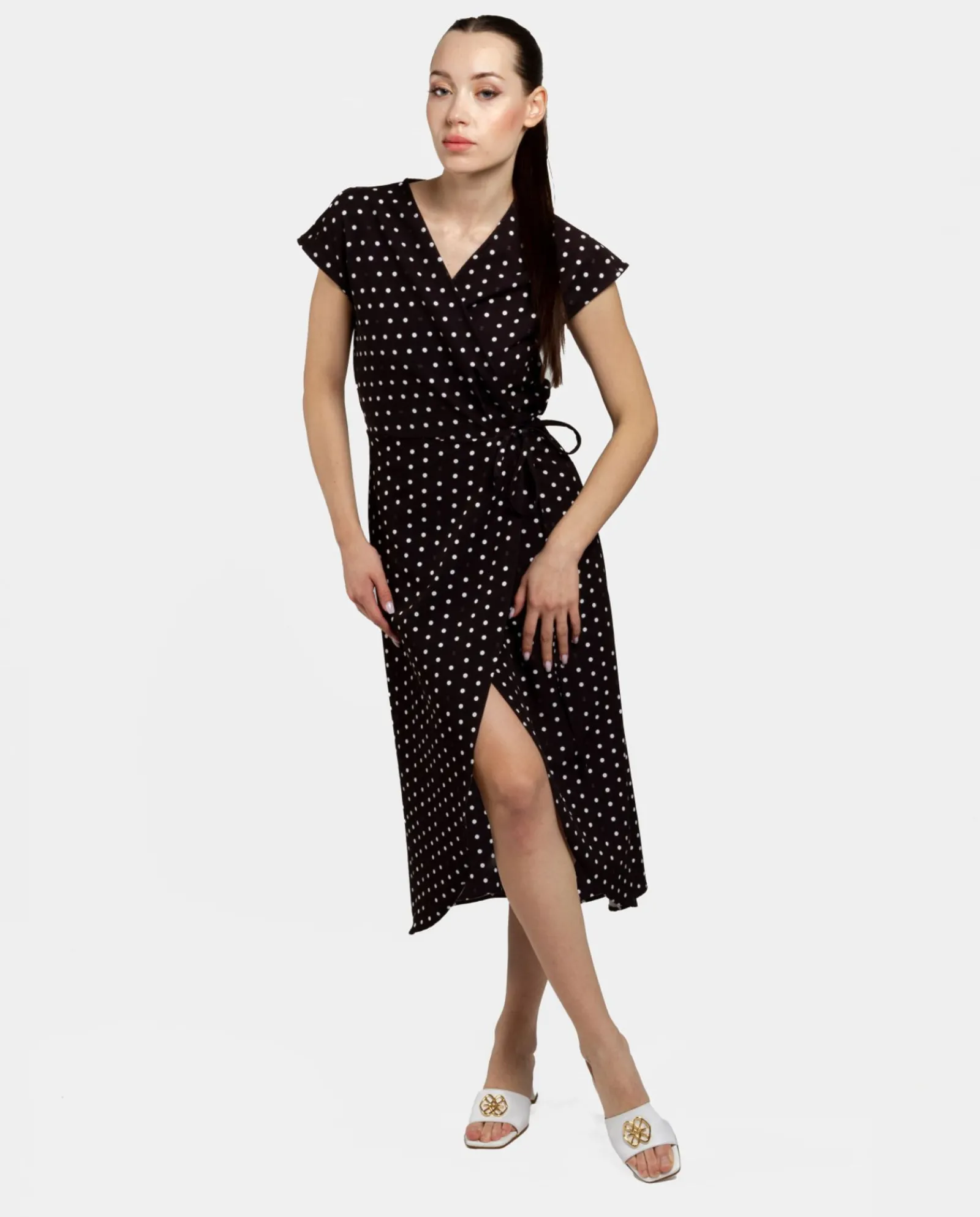 Vestidos*Cuplé Vestido Midi Cruzado Crep Lunares Blanco Negro