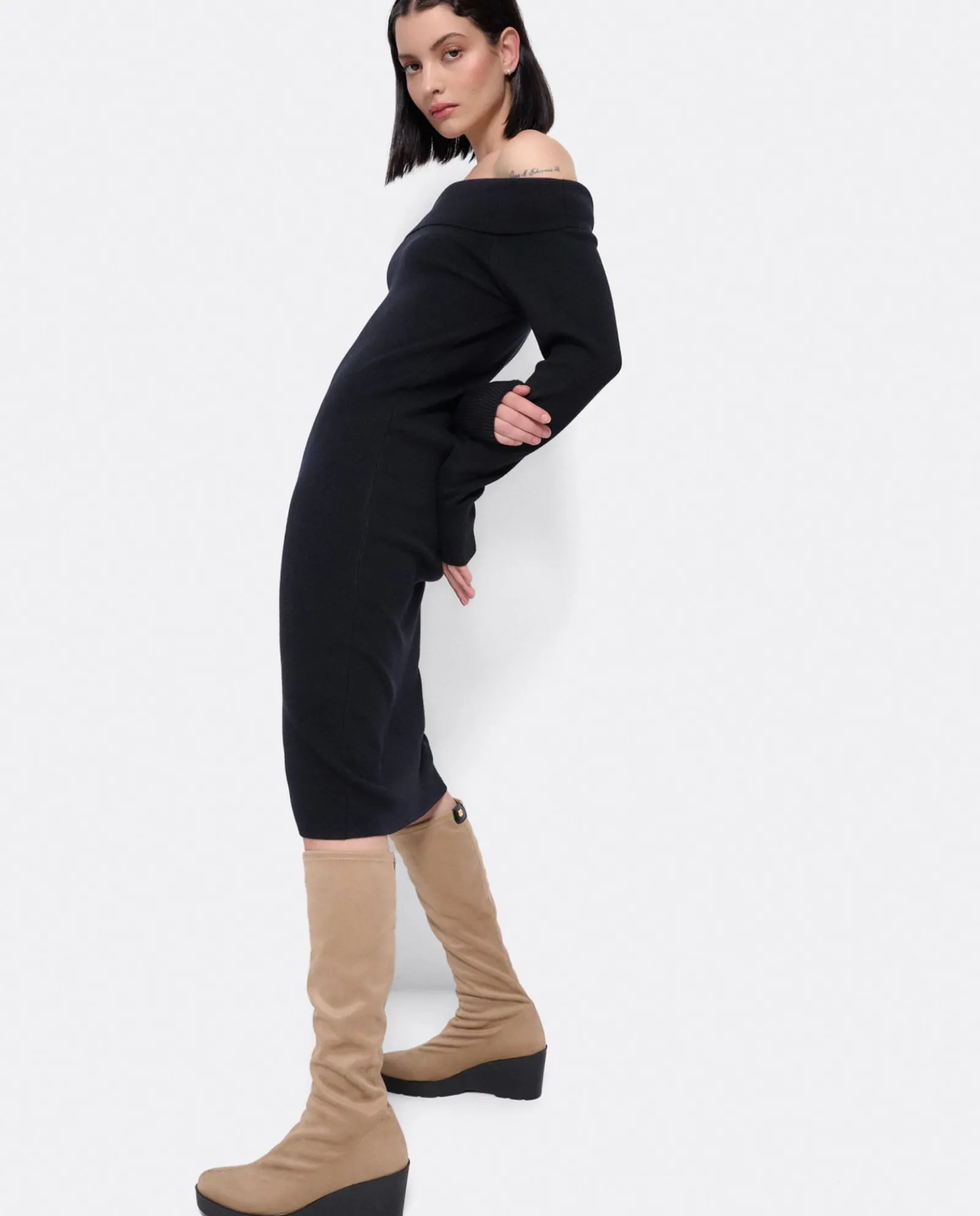 Vestidos*Cuplé Vestido Midi Escote Drapeado Punto Negro