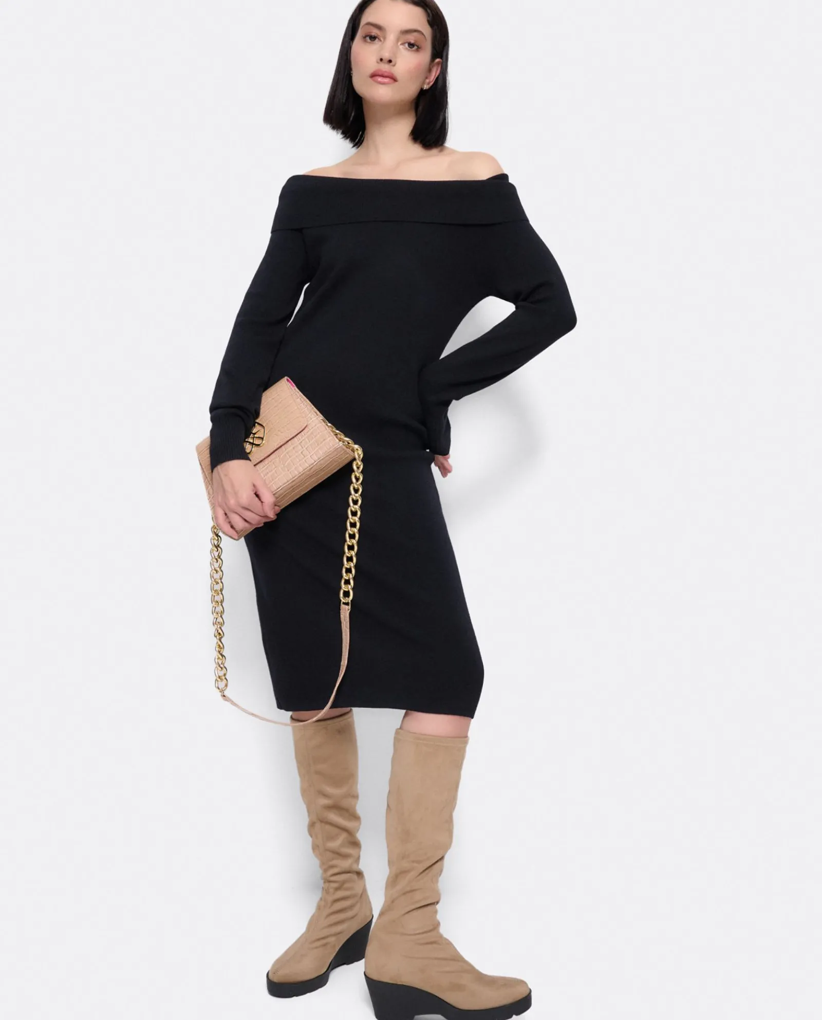 Vestidos*Cuplé Vestido Midi Escote Drapeado Punto Negro