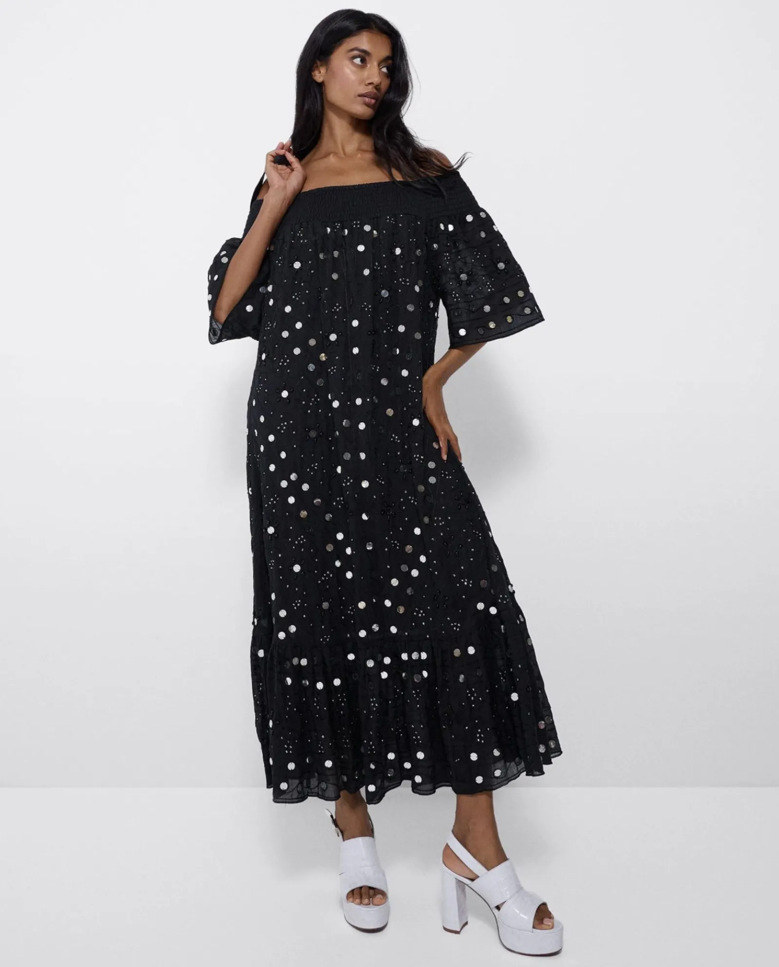 Vestidos*Cuplé Vestido Midi Espejos Algodon Negro