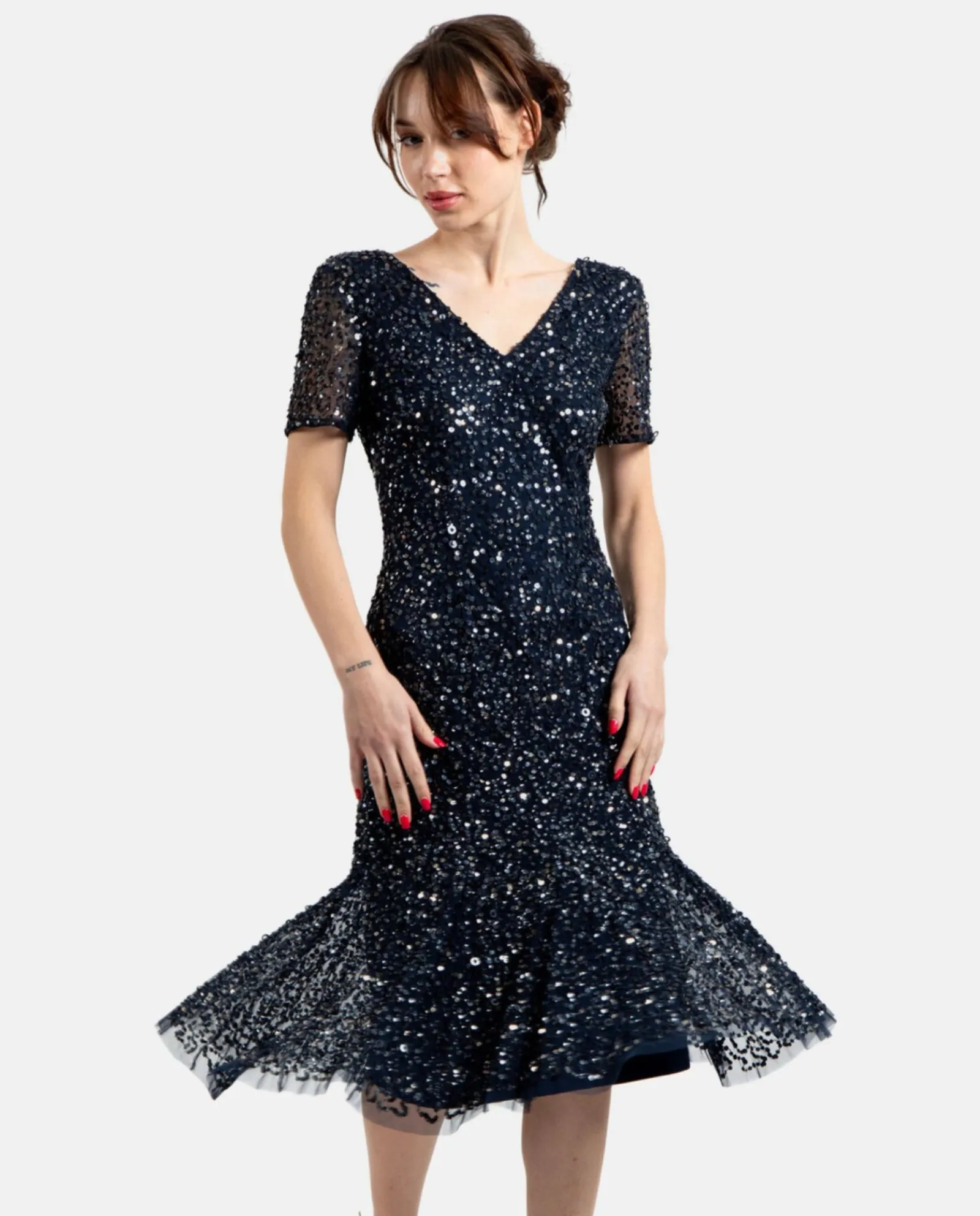 Vestidos*Cuplé Vestido Midi Volante Lentejuelas Marino