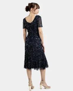 Vestidos*Cuplé Vestido Midi Volante Lentejuelas Marino