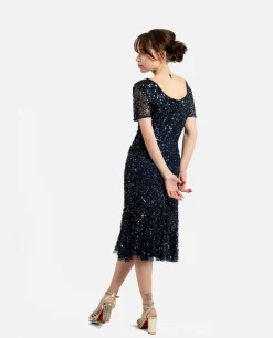 Vestidos*Cuplé Vestido Midi Volante Lentejuelas Marino