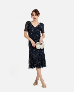 Vestidos*Cuplé Vestido Midi Volante Lentejuelas Marino