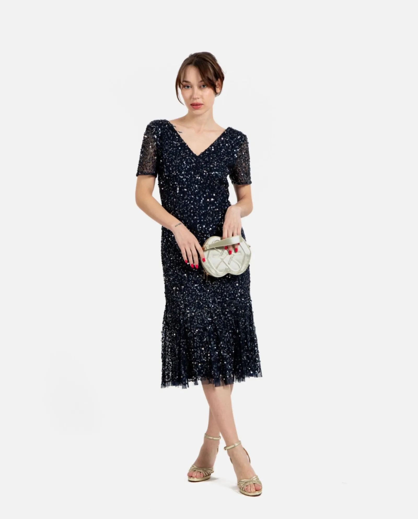 Vestidos*Cuplé Vestido Midi Volante Lentejuelas Marino